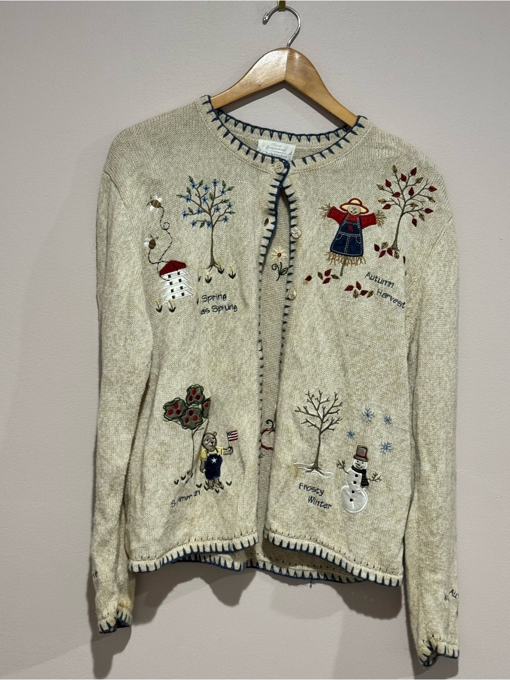 Christopher & Banks embroidered button cardigan sweater beige L Four Season